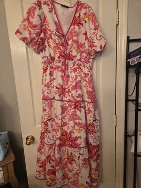 Floral Pink & Yellow V-Neck Maxi Dress